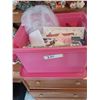Image 2 : PINK CONTAINER WITH CONTENTS PLUS CERAMIC DOLL AND MISC