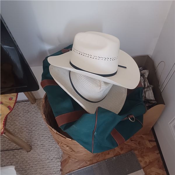 WICKER LAUNDRY HAMPER C/W SUITECASE AND LARGE STETSON HATS