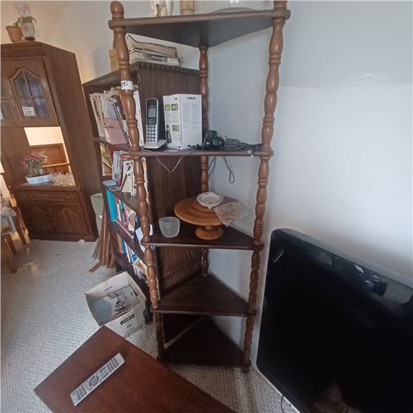 CORNER STAND WITH 5 SHELVES AND CONTENTS