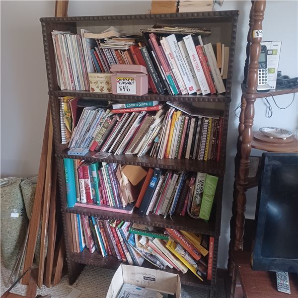 BOOK CASE C/W ALL CONTENTS AND BOX OF MISC MAGAZINE ON FLOOR