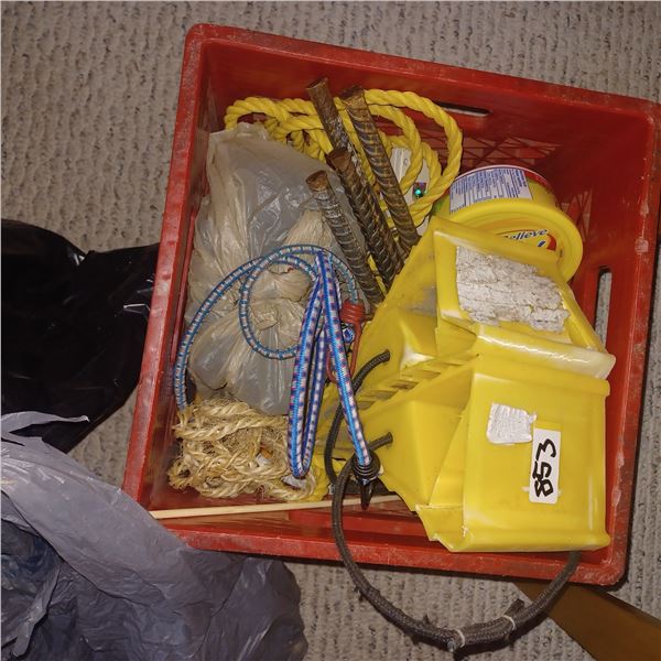 CRATE WITH ROPES, WHEEL CHOCKS, BUNGIES ECT