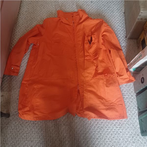 ORANGE SHOP COAT SIZE LARGE AND RAIN COAT