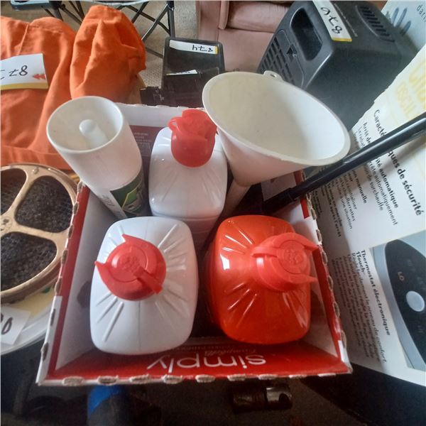 BOX WITH 3 LITERS OF FIRE STARTER , AXEL GREASE AND FUNNEL