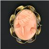 Image 2 : Antique 10k Yellow Gold Oval Carved Coral Cameo Twisted Frame Brooch Pin Pendant