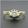 Image 2 : Antique Art Deco 14k TT Gold .14 ctw European Diamond Solitaire Open Engraved Ri