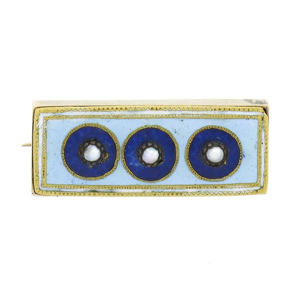 Antique 14k Yellow Gold Cultured Seed Pearl & Blue Enamel Rectangular Pin Brooch