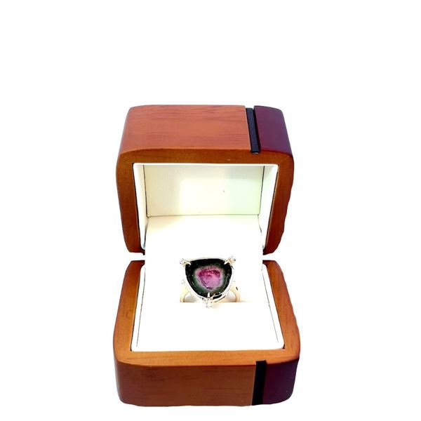 14K Yellow Gold Watermelon Tourmaline& Diamond Ring Donated by Sather’s Jewelry.