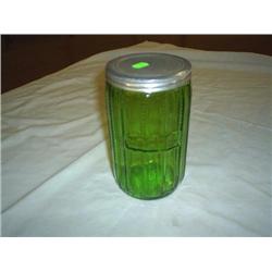 Green depression glass coffee jar