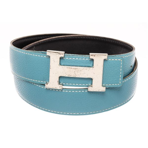 Hermes Blue and Black Leather Silver Tone H buckle Belt