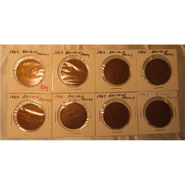 Lot of 8 Great Britian One Penny coins:  1962, 1963, 1964 (x2), 1965, 1966, 1967 (x2)