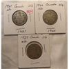 Image 1 : Lot of 3 Canada Silver 25¢: 1920, 1921 & 1929