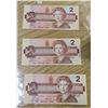 Image 2 : Lot of Three 1986 Canada $2 bills:  Thiessen/Crow (# EGG 2784585 & CBA 2951284) & Bonin/Thiessen (#E