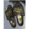 Image 1 : Pair of leather sandals, size 10 unisex golden snake design on black leather, crossed nails on soles