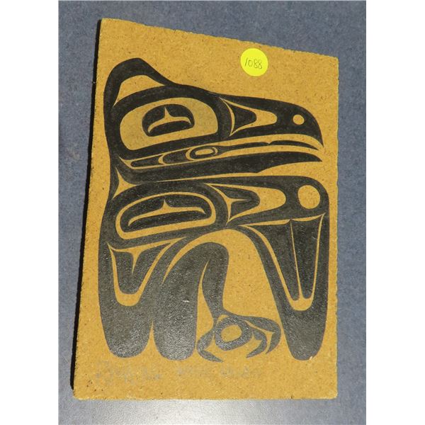 Raven painting ( west coast design on pressed wood) by Wayne? While looking for his family in Saskat