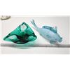 Image 1 : Blue blown glass fish - has cracks & Green glass decorative bowl