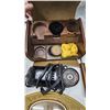 Image 5 : Vintage items - weight scale, foot warmer, cast iron plate? And shoe shining kit