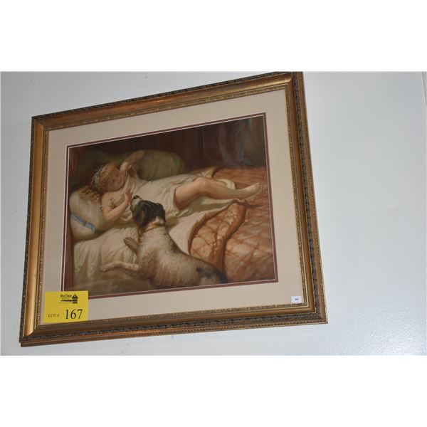 FRAMED ANTIQUE PRINT, GIRL W/DOG BY G.A. KLUCKEN (26" X 22")