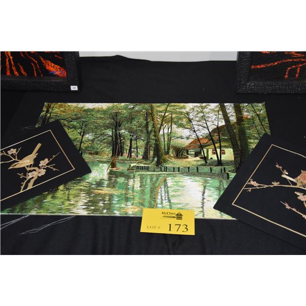 UNFRAMED NEEDLEPOINT OF RIVER SCENE & WHEAT STALK ART ON BLACK SILK (3 PCS)