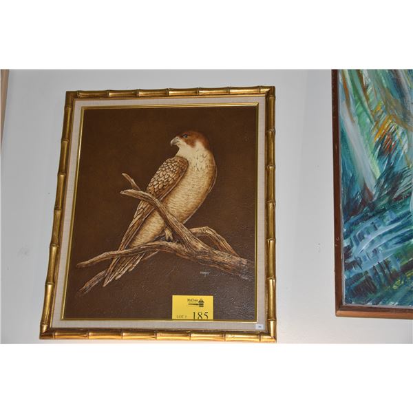 FRAMED LEATHER BROWN FALCON; SIGNED COOPER (24  X 27 3/4 )