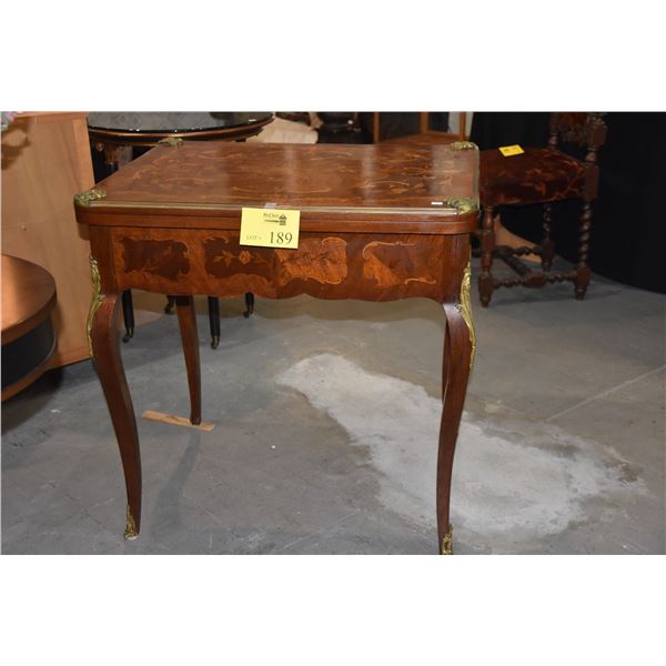 FRENCH FLIP TOP GAME TABLE W/MARQUETRY INLAY & GAME DRAWER