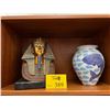 Image 2 : EGYPTIAN KING TUTANKHAMEN STATUE & BLUE & WHITE VASE W/FISH MOTIF (2 PCS)