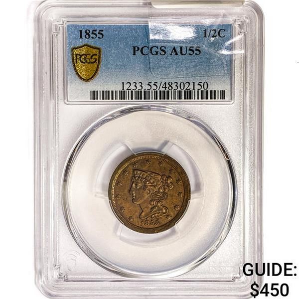 1855 Braided Hair Half Cent PCGS AU55