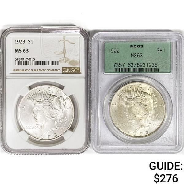 1922-1923 [2] Silver Peace Dollar NGC/PCGS MS63