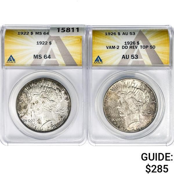 1922&1926 [2] Silver Peace Dollar ANACS MS/AU INCL