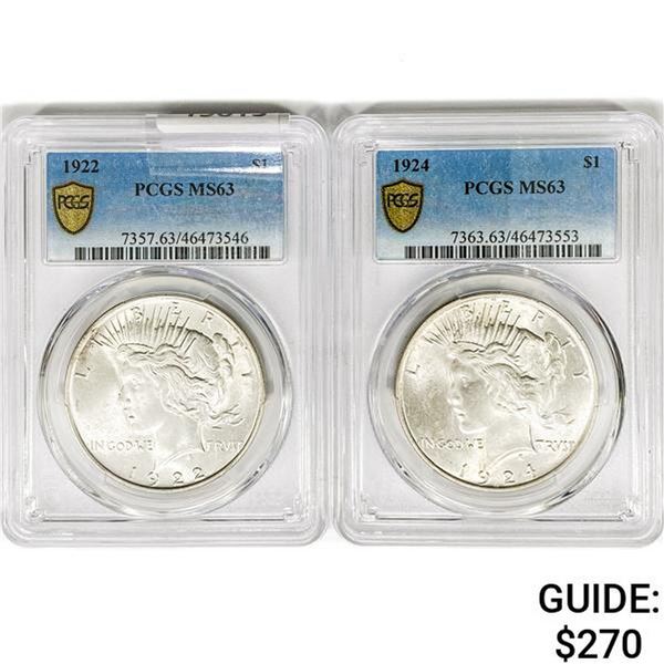 1922&1924 [2] Silver Peace Dollar PCGS MS63