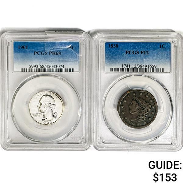 1838&1961 [2] 1 LC, 1 25C PCGS PR/F