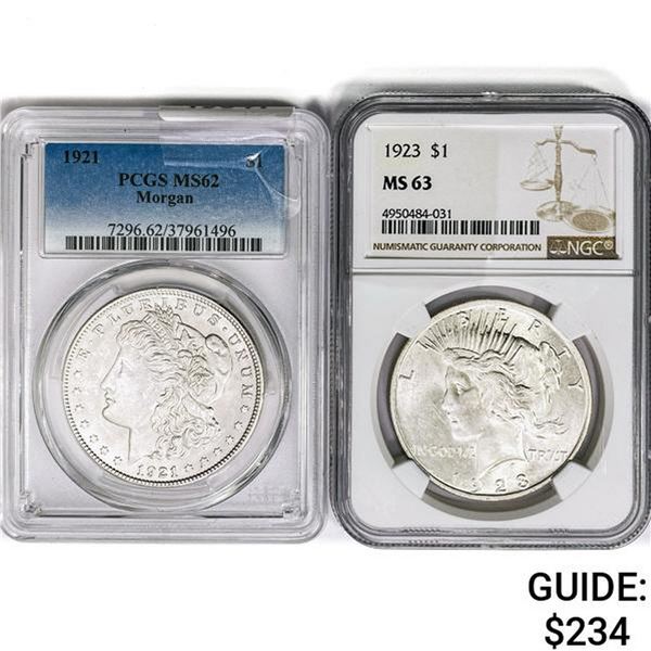1921&1923 [2] Varied Silver Dollars NGC/PCGS MS62/