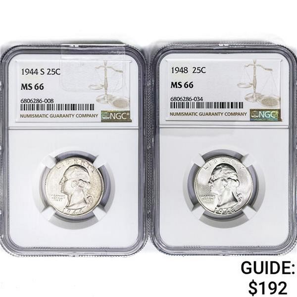 1944&1948 [2] Washington Silver Quarter NGC MS66