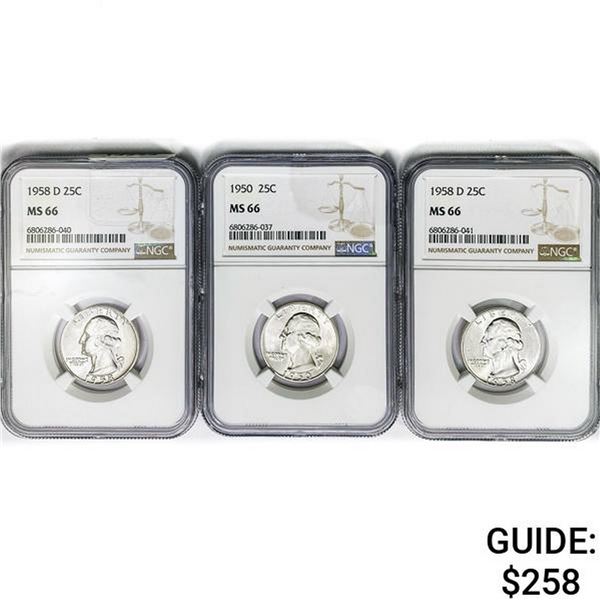 1950&1958 [3] Washington Silver Quarter NGC MS66