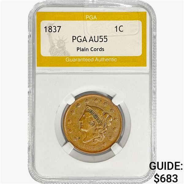 1837 Coronet Head Large Cent PGA AU55 Plain Cords