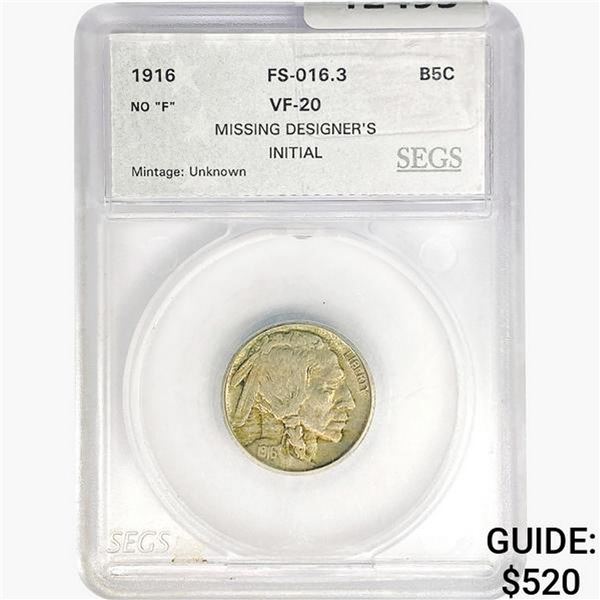 1916 Buffalo Nickel SEGS VF20 FS-016.3 No "F"