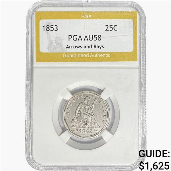 1853 Seated Liberty Quarter PGA AU58 ARWS&Rays