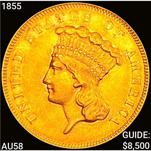1855 $3 Gold Piece CHOICE AU