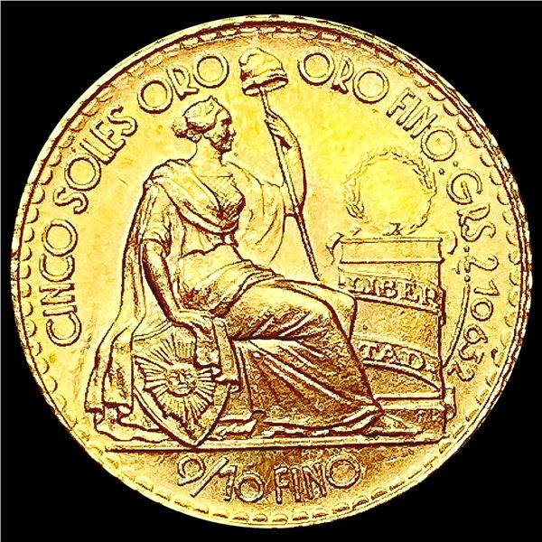 1965 Peru .0677oz Gold 5 Soles GEM BU