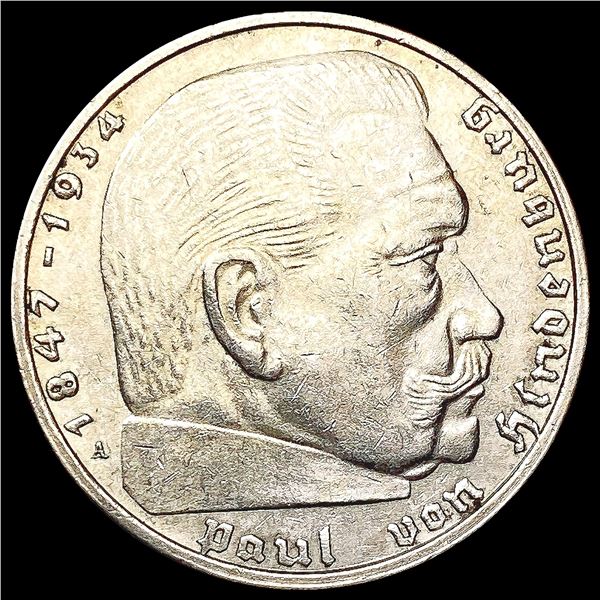 1937-A Germany Silver 2 Reichs Mark CHOICE AU
