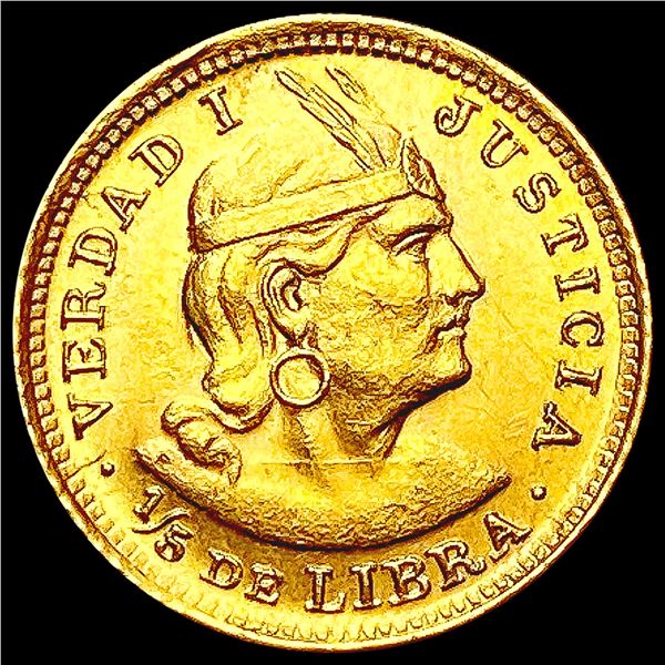 1912 Peru .0471oz Gold 1/5 Libra GEM BU