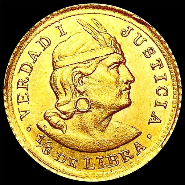 1928 Peru .0471oz Gold 1/5 Libra GEM BU