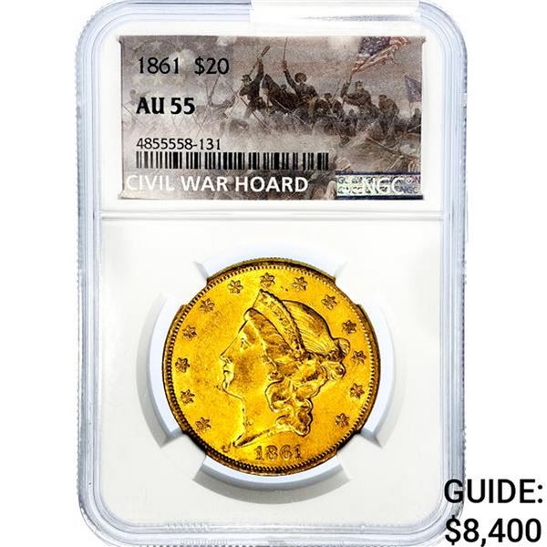 1861 $20 Gold Double Eagle NGC AU55 Civil War Hoar