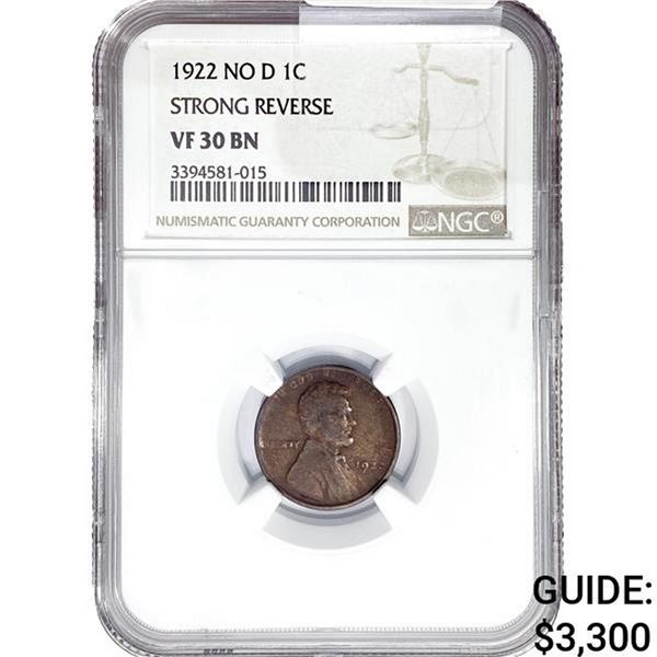1922 No D Wheat Cent NGC VF30 BN Strong REV