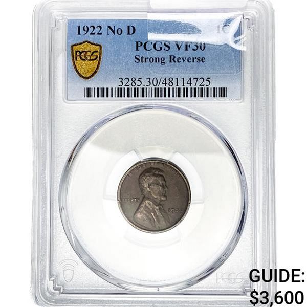 1922 No D Wheat Cent PCGS VF30 Strong REV