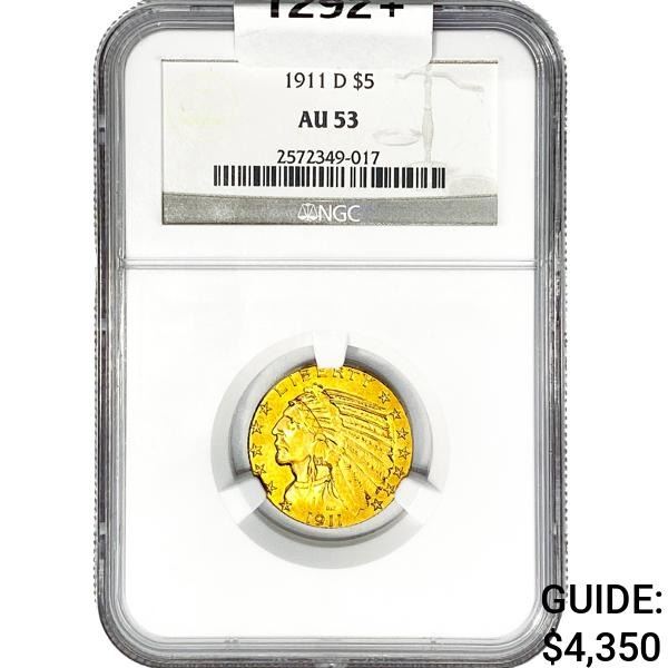 1911-D $5 Gold Half Eagle NGC AU53
