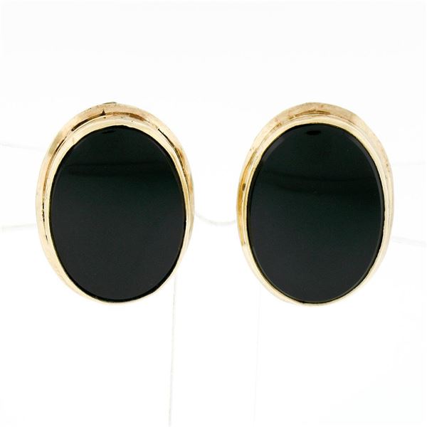 Vintage 14k Yellow Gold Bezel Set Oval Black Onyx Button Screw-On Earrings