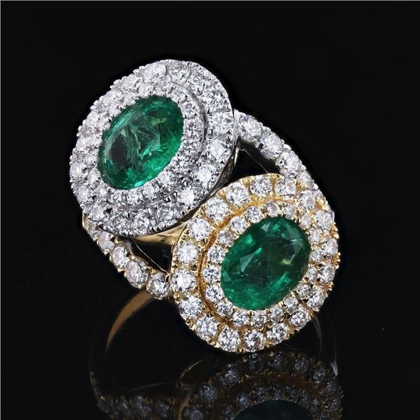 2.43 ctw Emerald and 1.77 ctw Diamond 18K Yellow and White Gold Ring