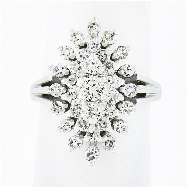 Vintage 14K White Gold 1.03 ctw Prong Diamond Navette Shape Tiered Cluster Ring