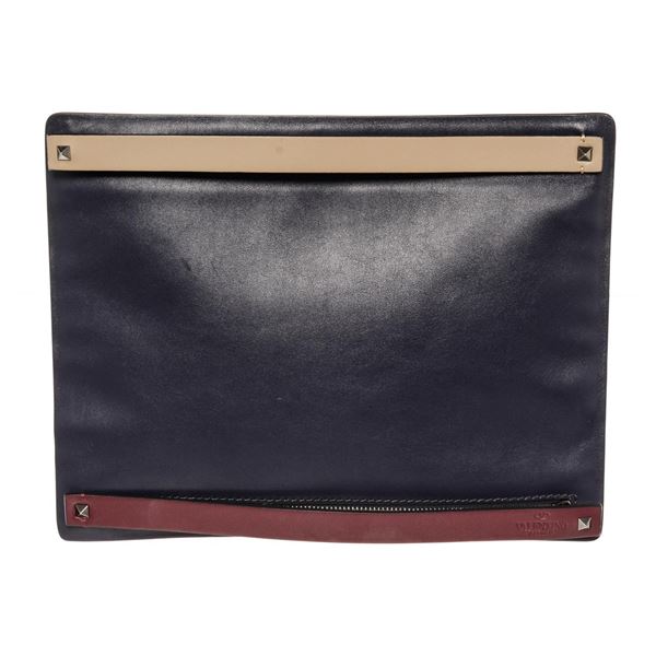 Valentino Navy Blue Leather Double Zip Clutch