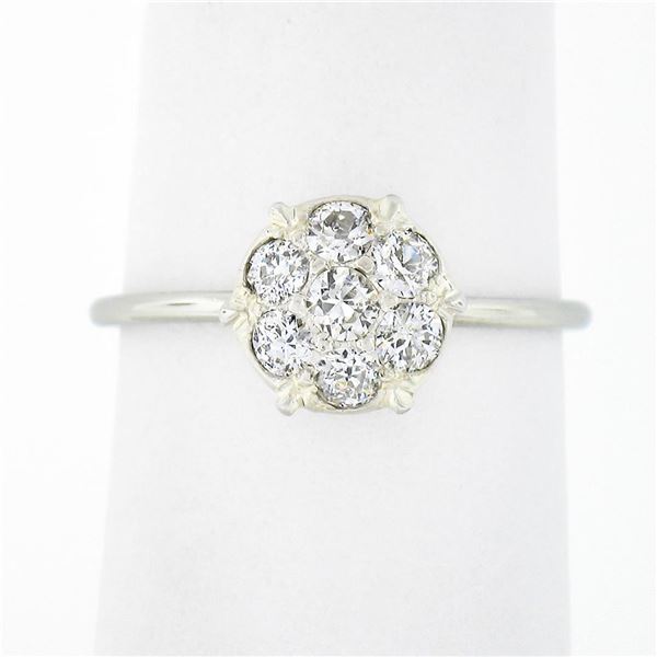 Antique 18k White Gold 0.52 ctw Old European Diamond Cluster Flower Solitaire Ri